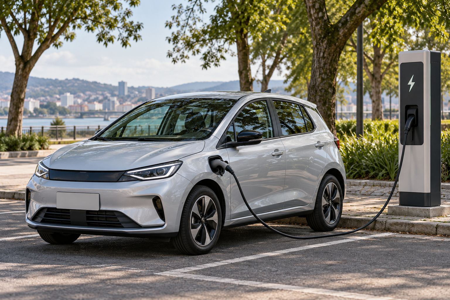 Carro elétrico compacto conectado a uma estação de recarga